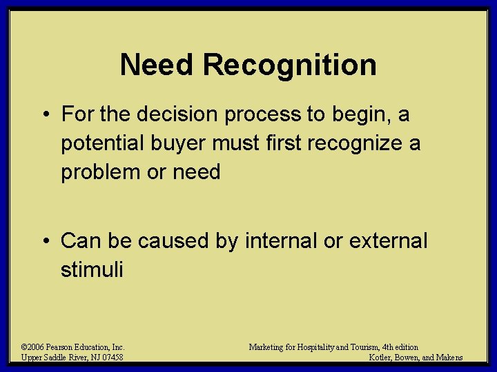 Need Recognition • For the decision process to begin, a potential buyer must first Need Recognition • For the decision process to begin, a potential buyer must first