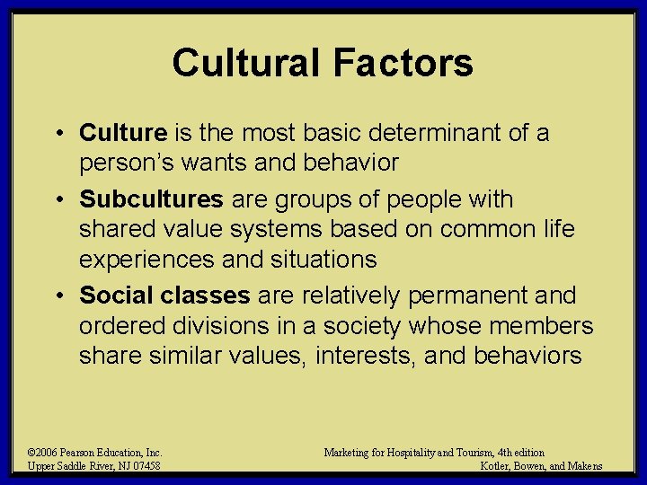 Cultural Factors • Culture is the most basic determinant of a person’s wants and Cultural Factors • Culture is the most basic determinant of a person’s wants and