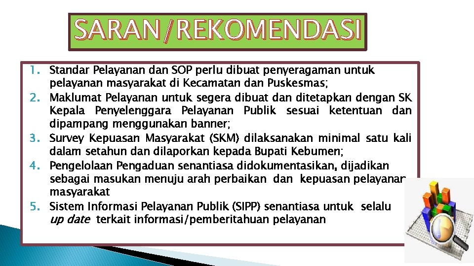 SARAN/REKOMENDASI 1. Standar Pelayanan dan SOP perlu dibuat penyeragaman untuk pelayanan masyarakat di Kecamatan