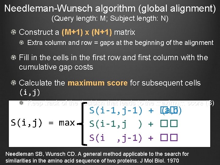 Needleman-Wunsch algorithm (global alignment) (Query length: M; Subject length: N) Construct a (M+1) x