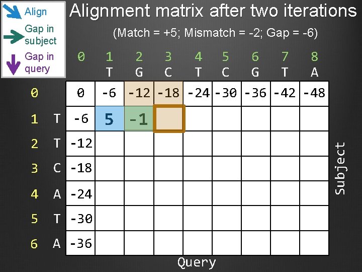 Alignment matrix after two iterations Gap in subject Gap in query (Match = +5;