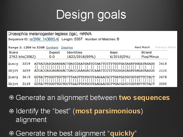Design goals Generate an alignment between two sequences Identify the “best” (most parsimonious) alignment