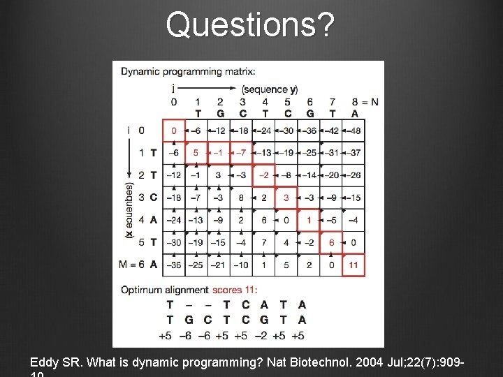 Questions? Eddy SR. What is dynamic programming? Nat Biotechnol. 2004 Jul; 22(7): 909 -