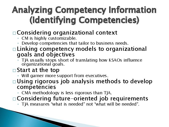 Analyzing Competency Information (Identifying Competencies) � Considering organizational context ◦ CM is highly customizable.