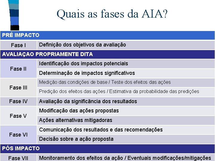 Quais as fases da AIA? PRÉ IMPACTO Fase I Definição dos objetivos da avaliação