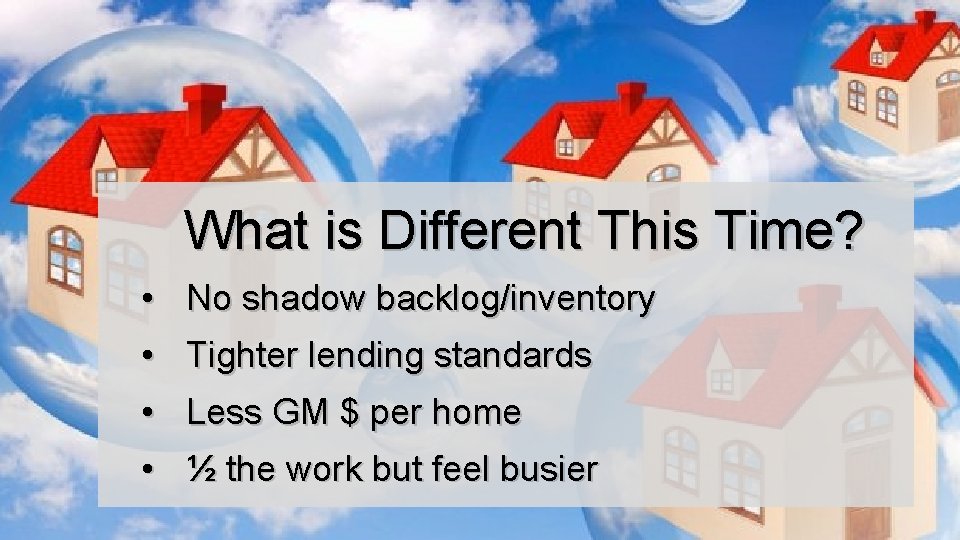 What is Different This Time? • No shadow backlog/inventory • Tighter lending standards •