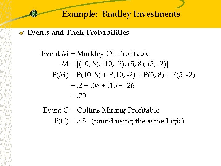 Example: Bradley Investments Events and Their Probabilities Event M = Markley Oil Profitable M