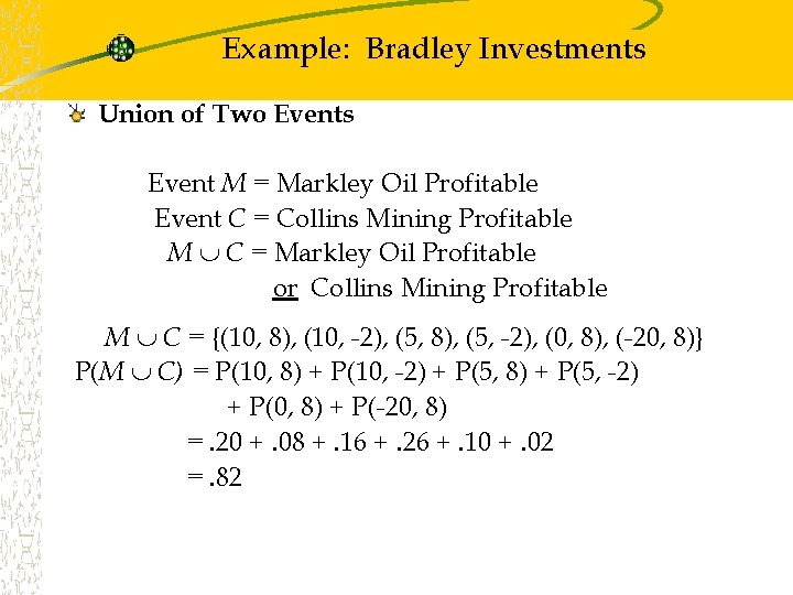 Example: Bradley Investments Union of Two Events Event M = Markley Oil Profitable Event