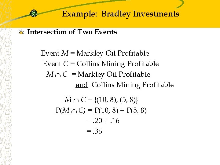 Example: Bradley Investments Intersection of Two Events Event M = Markley Oil Profitable Event Example: Bradley Investments Intersection of Two Events Event M = Markley Oil Profitable Event