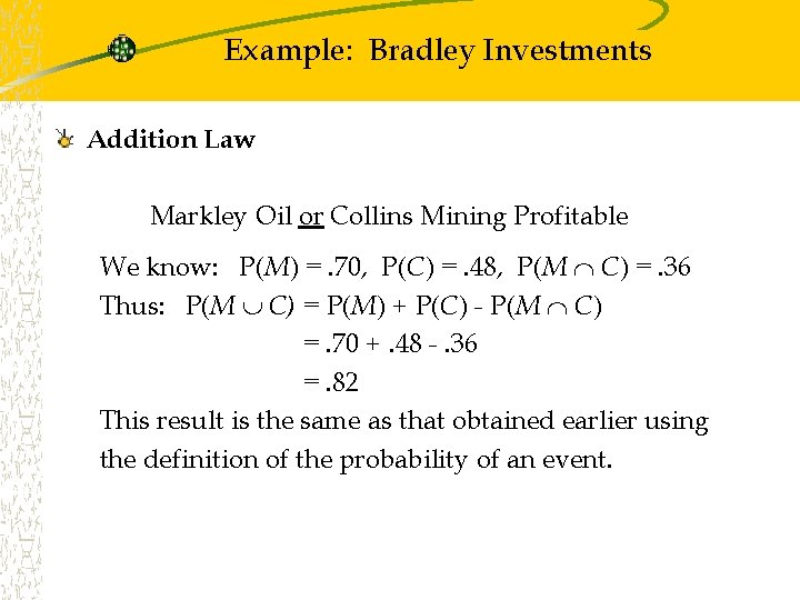 Example: Bradley Investments Addition Law Markley Oil or Collins Mining Profitable We know: P(M) Example: Bradley Investments Addition Law Markley Oil or Collins Mining Profitable We know: P(M)