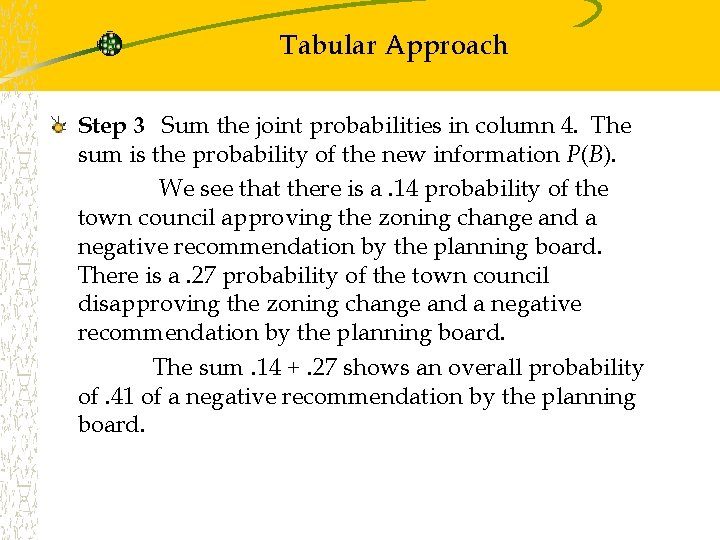 Tabular Approach Step 3 Sum the joint probabilities in column 4. The sum is Tabular Approach Step 3 Sum the joint probabilities in column 4. The sum is