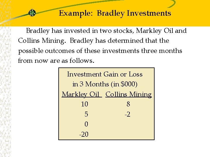Example: Bradley Investments Bradley has invested in two stocks, Markley Oil and Collins Mining. Example: Bradley Investments Bradley has invested in two stocks, Markley Oil and Collins Mining.
