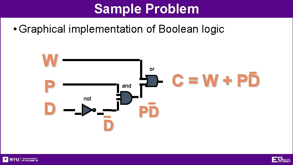 Sample Problem • Graphical implementation of Boolean logic W P D or and not Sample Problem • Graphical implementation of Boolean logic W P D or and not