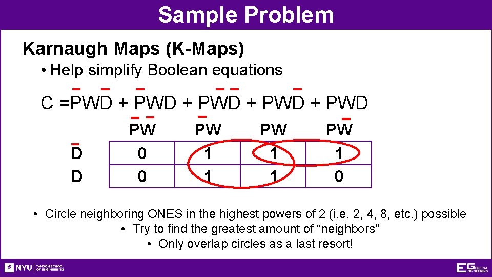 Sample Problem Karnaugh Maps (K-Maps) • Help simplify Boolean equations C =PWD + PWD Sample Problem Karnaugh Maps (K-Maps) • Help simplify Boolean equations C =PWD + PWD