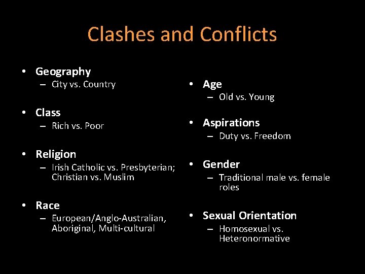 Clashes and Conflicts • Geography – City vs. Country • Age – Old vs.