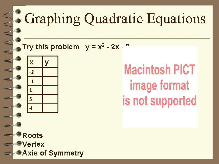 Graphing Quadratic Equations Try this problem y = x 2 - 2 x -