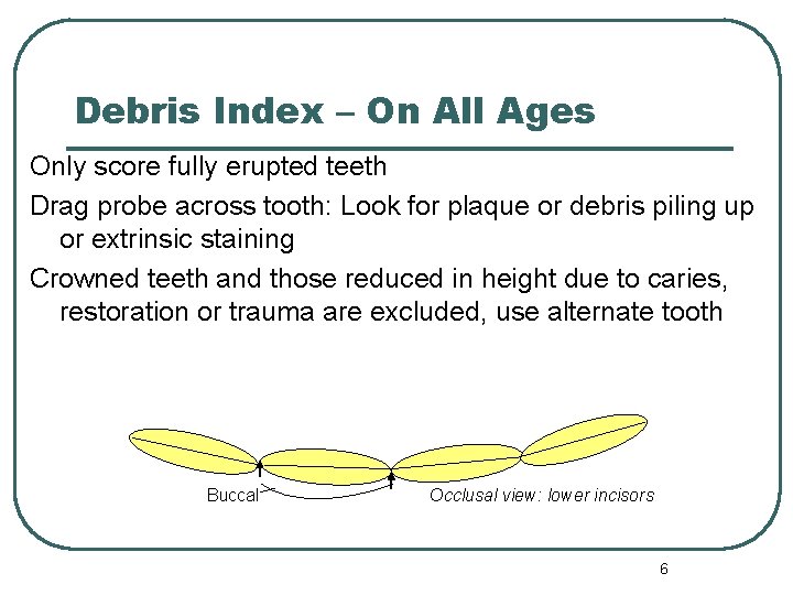 Debris Index – On All Ages Only score fully erupted teeth Drag probe across
