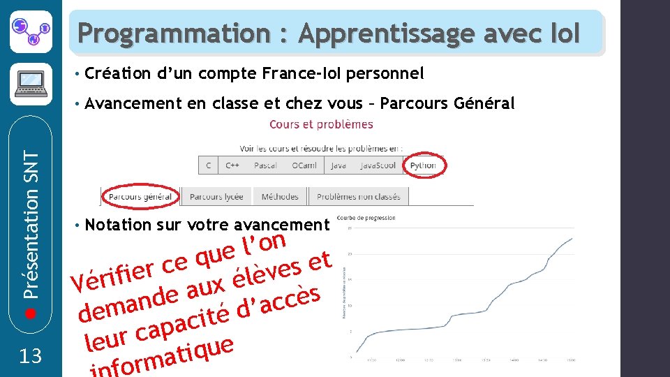 Présentation SNT Programmation : Apprentissage avec Io. I 13 • Création d’un compte France-Io.