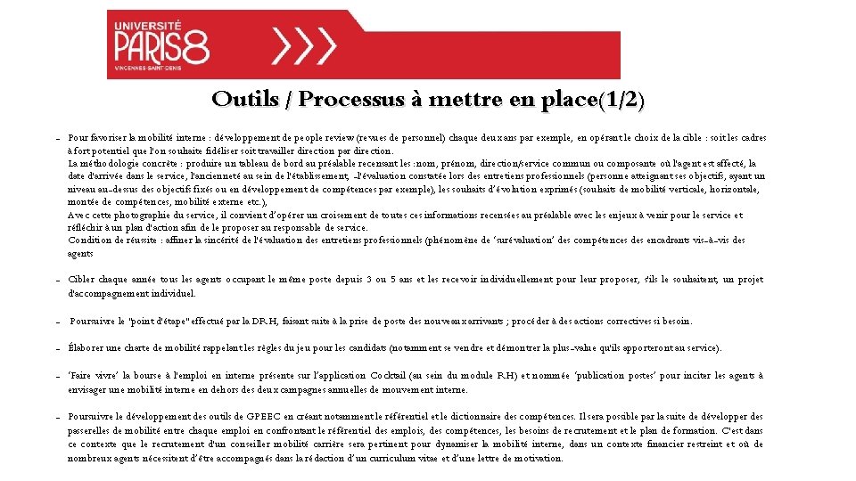 Outils / Processus à mettre en place(1/2) - Pour favoriser la mobilité interne :