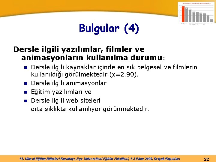 Bulgular (4) Dersle ilgili yazılımlar, filmler ve animasyonların kullanılma durumu: Dersle ilgili kaynaklar içinde