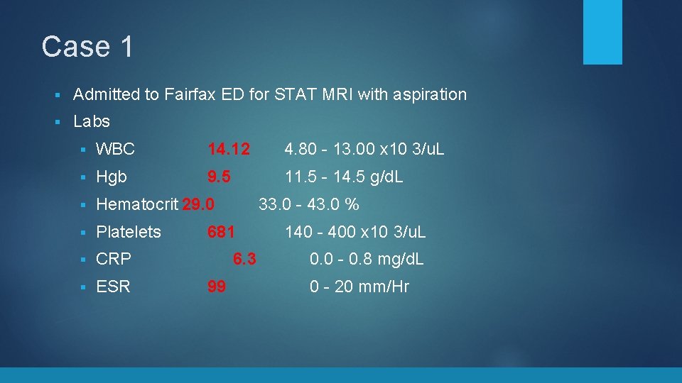 Case 1 § Admitted to Fairfax ED for STAT MRI with aspiration § Labs