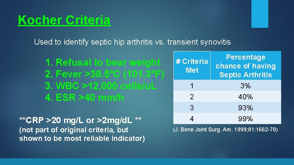 Kocher Criteria Used to identify septic hip arthritis vs. transient synovitis 1. Refusal to
