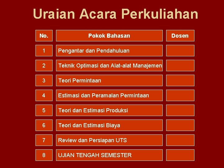 Uraian Acara Perkuliahan No. Pokok Bahasan 1 Pengantar dan Pendahuluan 2 Teknik Optimasi dan