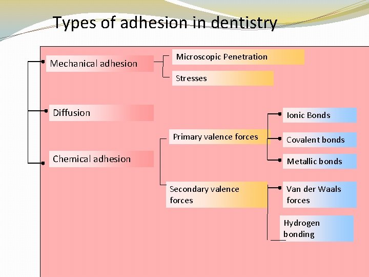 Types of adhesion in dentistry Mechanical adhesion Microscopic Penetration Stresses Diffusion Ionic Bonds Primary