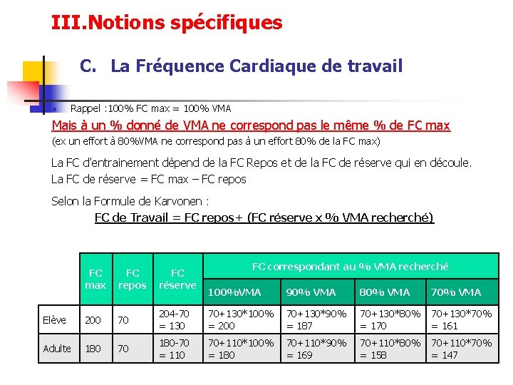 III. Notions spécifiques C. La Fréquence Cardiaque de travail n Rappel : 100% FC