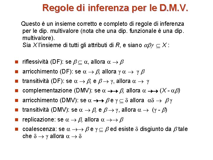 Regole di inferenza per le D. M. V. Questo è un insieme corretto e