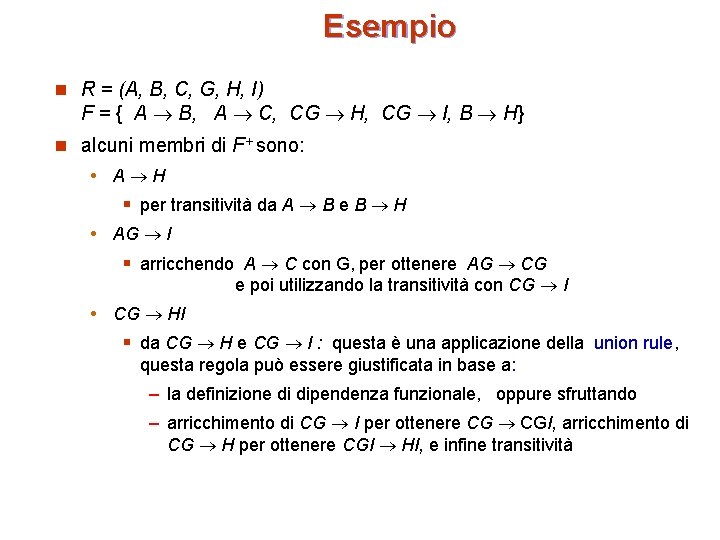 Esempio n R = (A, B, C, G, H, I) F = { A