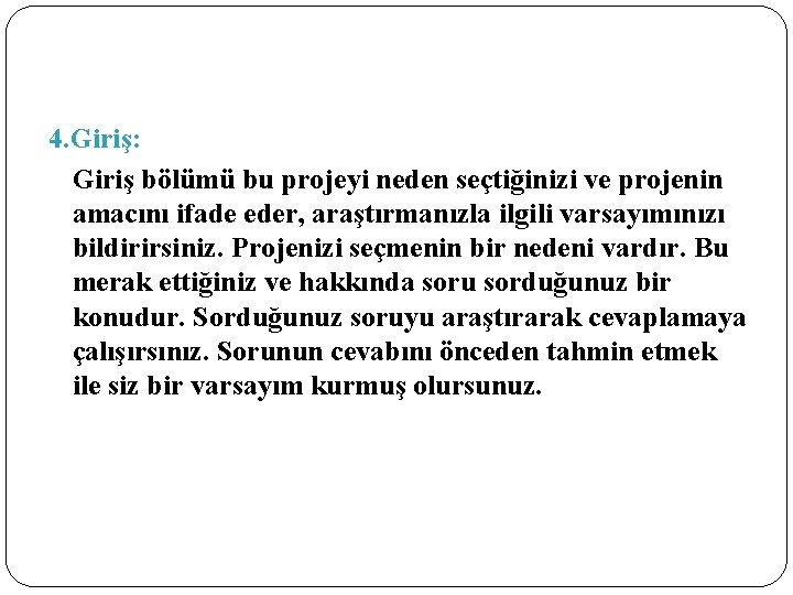 4. Giriş: Giriş bölümü bu projeyi neden seçtiğinizi ve projenin amacını ifade eder, araştırmanızla
