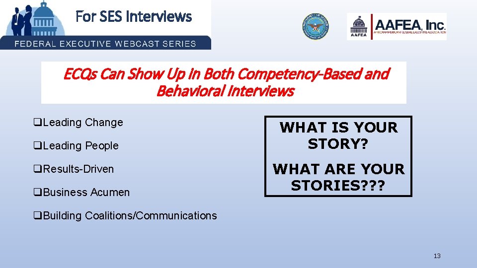 For SES Interviews ECQs Can Show Up in Both Competency-Based and Behavioral Interviews q.