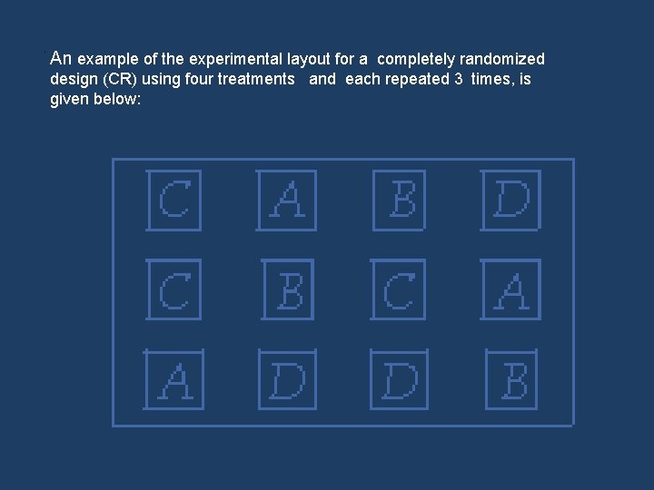 . An example of the experimental layout for a completely randomized design (CR) . An example of the experimental layout for a completely randomized design (CR)