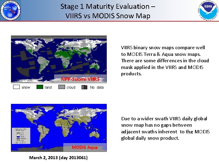 Stage 1 Maturity Evaluation – VIIRS vs MODIS Snow Map NPP-Suomi VIIRS snow land