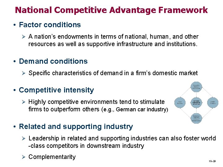 National Competitive Advantage Framework • Factor conditions Ø A nation’s endowments in terms of