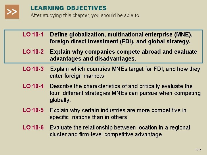 LO 10 -1 Define globalization, multinational enterprise (MNE), foreign direct investment (FDI), and global