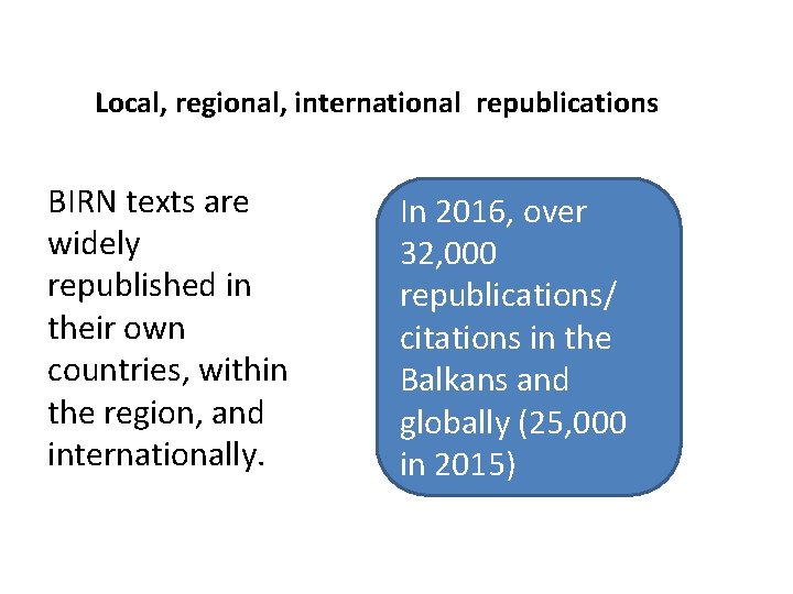 Local, regional, international republications BIRN texts are widely republished in their own countries, within