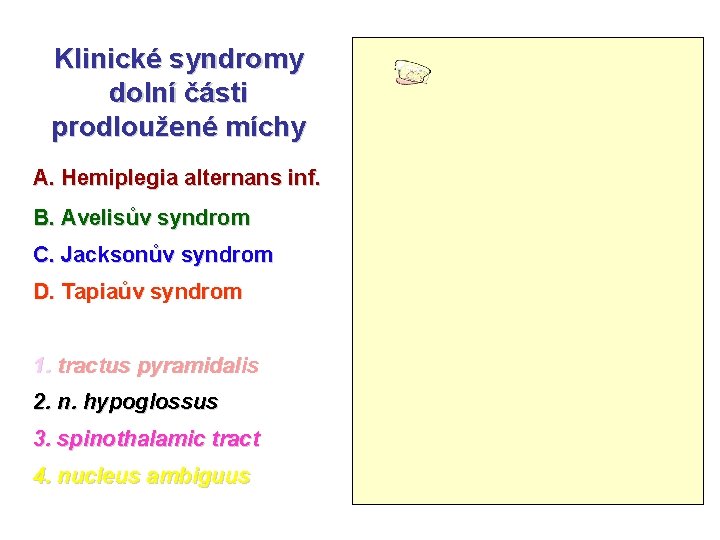 Klinické syndromy dolní části prodloužené míchy A. Hemiplegia alternans inf. B. Avelisův syndrom C.