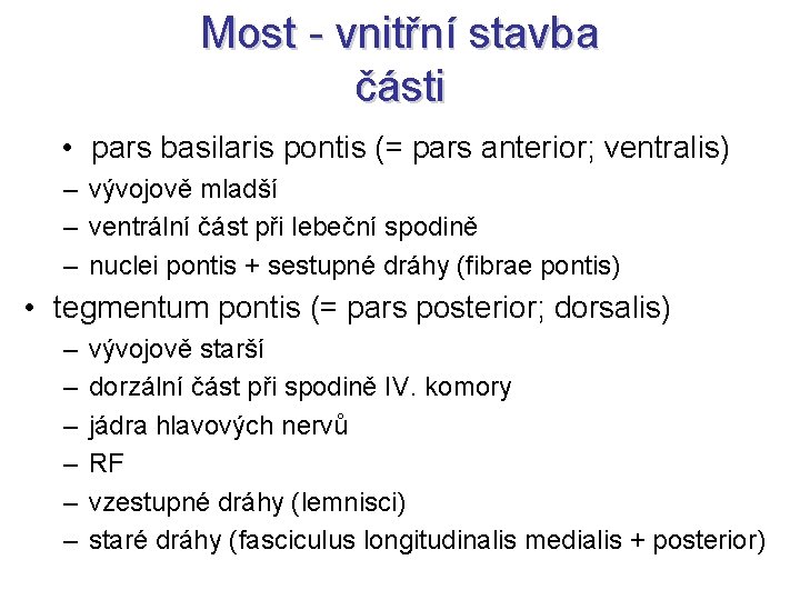 Most - vnitřní stavba části • pars basilaris pontis (= pars anterior; ventralis) –