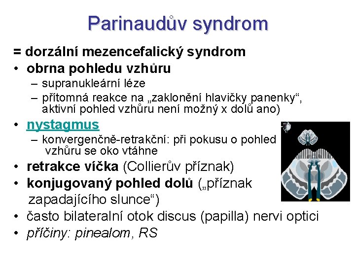 Parinaudův syndrom = dorzální mezencefalický syndrom • obrna pohledu vzhůru – supranukleární léze –