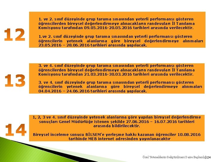 1. ve 2. sınıf düzeyinde grup tarama sınavından yeterli performansı gösteren öğrencilerden bireysel değerlendirmeye