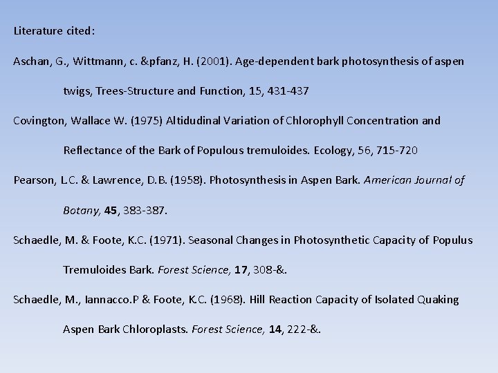 Literature cited: Aschan, G. , Wittmann, c. &pfanz, H. (2001). Age-dependent bark photosynthesis of