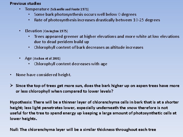 Previous studies • Temperature (Schaedle and Foote 1971) • Some bark photosynthesis occurs well