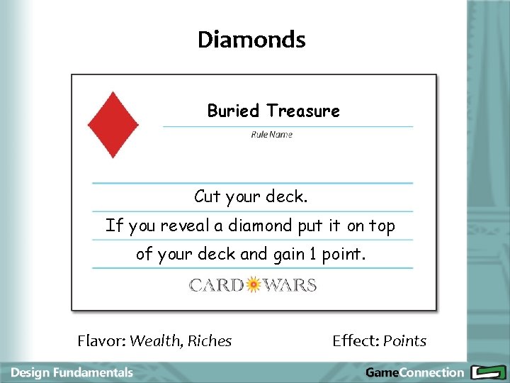 Diamonds Buried Treasure Cut your deck. If you reveal a diamond put it on