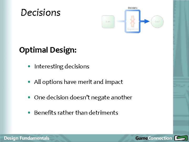 Decisions Optimal Design: • Interesting decisions • All options have merit and impact •