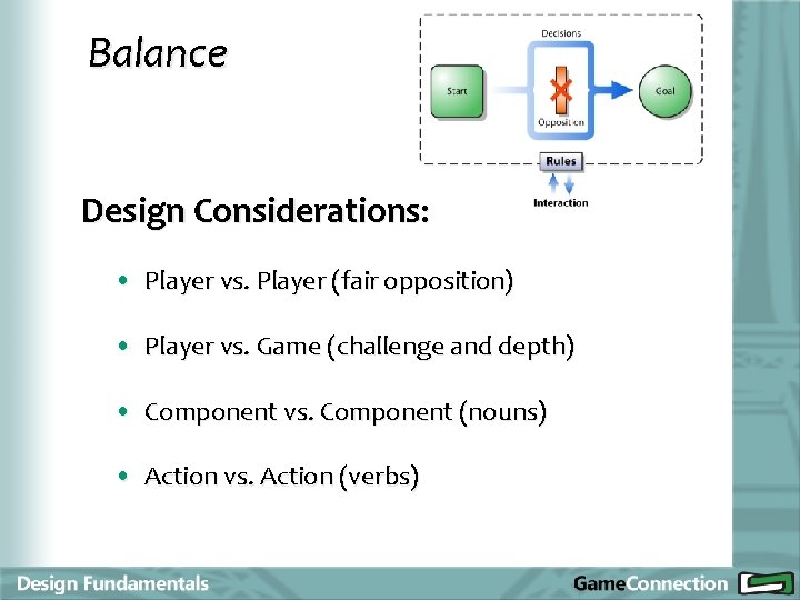 Balance Design Considerations: • Player vs. Player (fair opposition) • Player vs. Game (challenge
