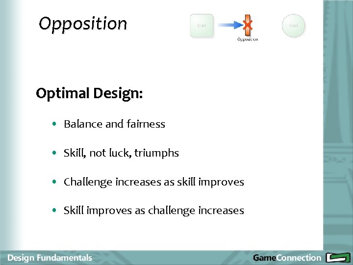 Opposition Optimal Design: • Balance and fairness • Skill, not luck, triumphs • Challenge