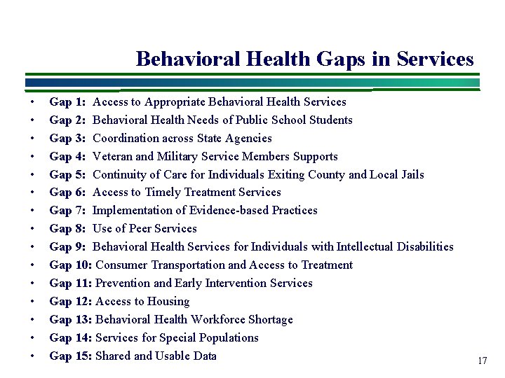 Behavioral Health Gaps in Services • • • • Gap 1: Access to Appropriate