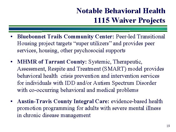 Notable Behavioral Health 1115 Waiver Projects • Bluebonnet Trails Community Center: Peer-led Transitional Housing